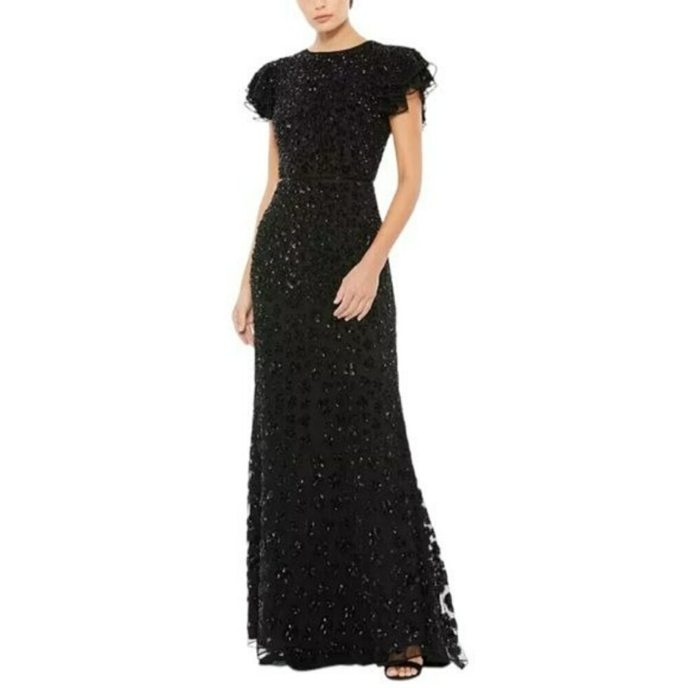 Mac Duggal $598 Black Beaded Embellished Long Maxi Dress Formal Gown 12 NEW
